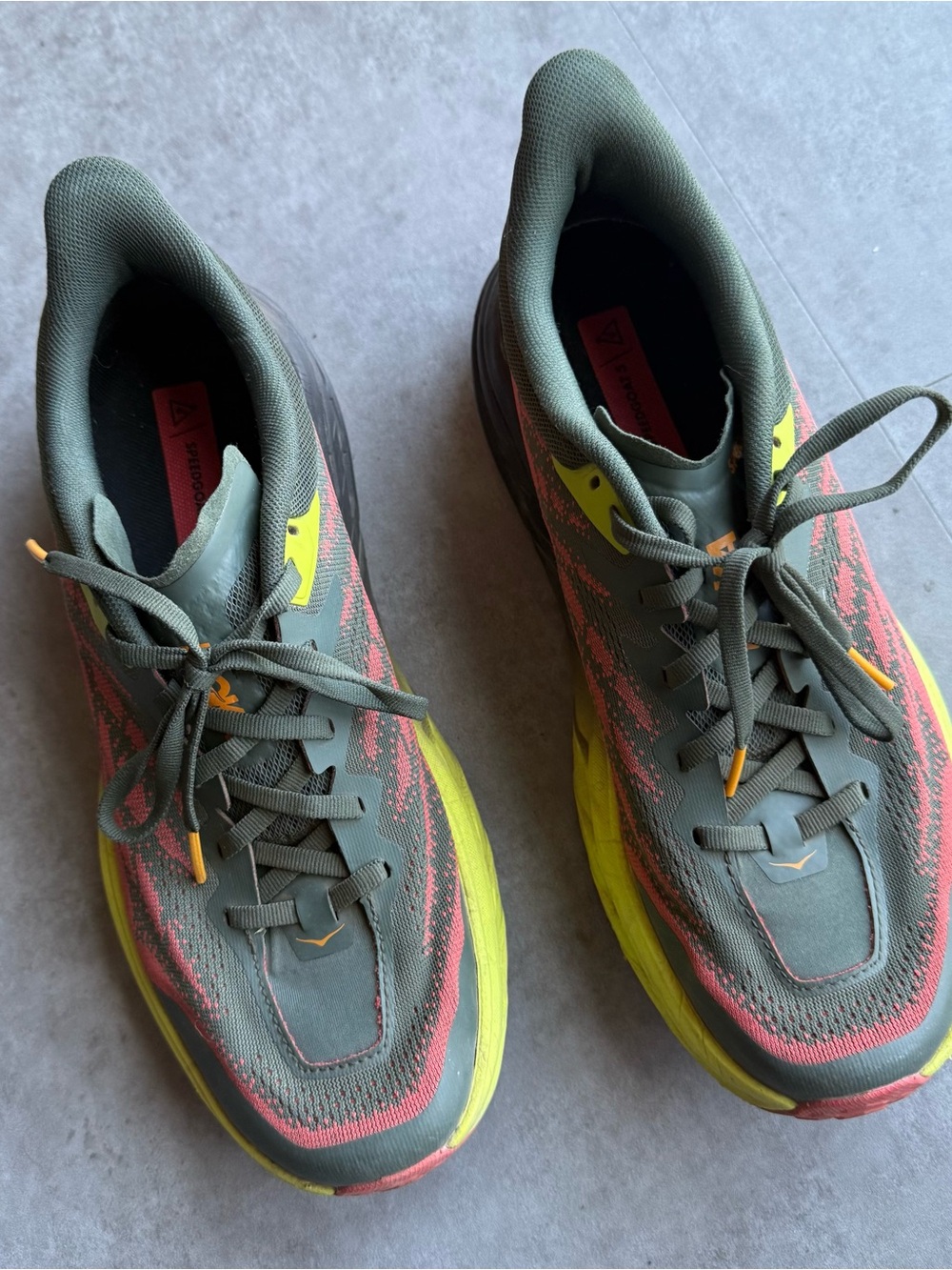 HOKA Speedgoat 5, men’s trail running shoe, 9.5, green-yellow-red